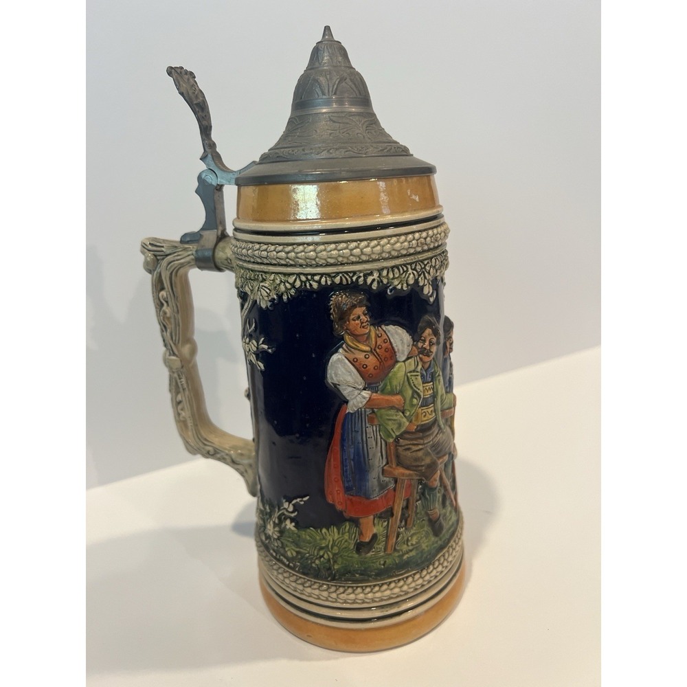 Vintage German Lidded Stein with Tavern Scene,‎ Ornate Handle & Lid, Breweriana